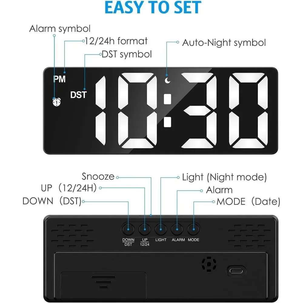 Digital Alarm Clock LED Type C or AAA Battery Operated Snooze 12/24H Mirror